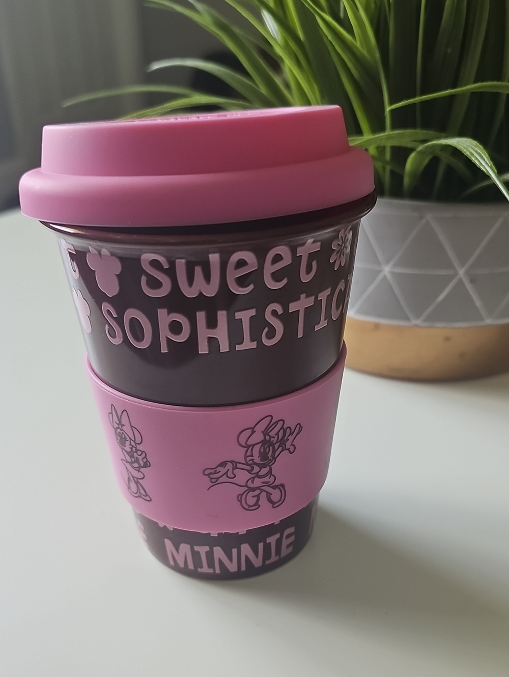 Disney Parks Minnie Pink Travel Ceramic Cup with Silicone Lid and Grip
